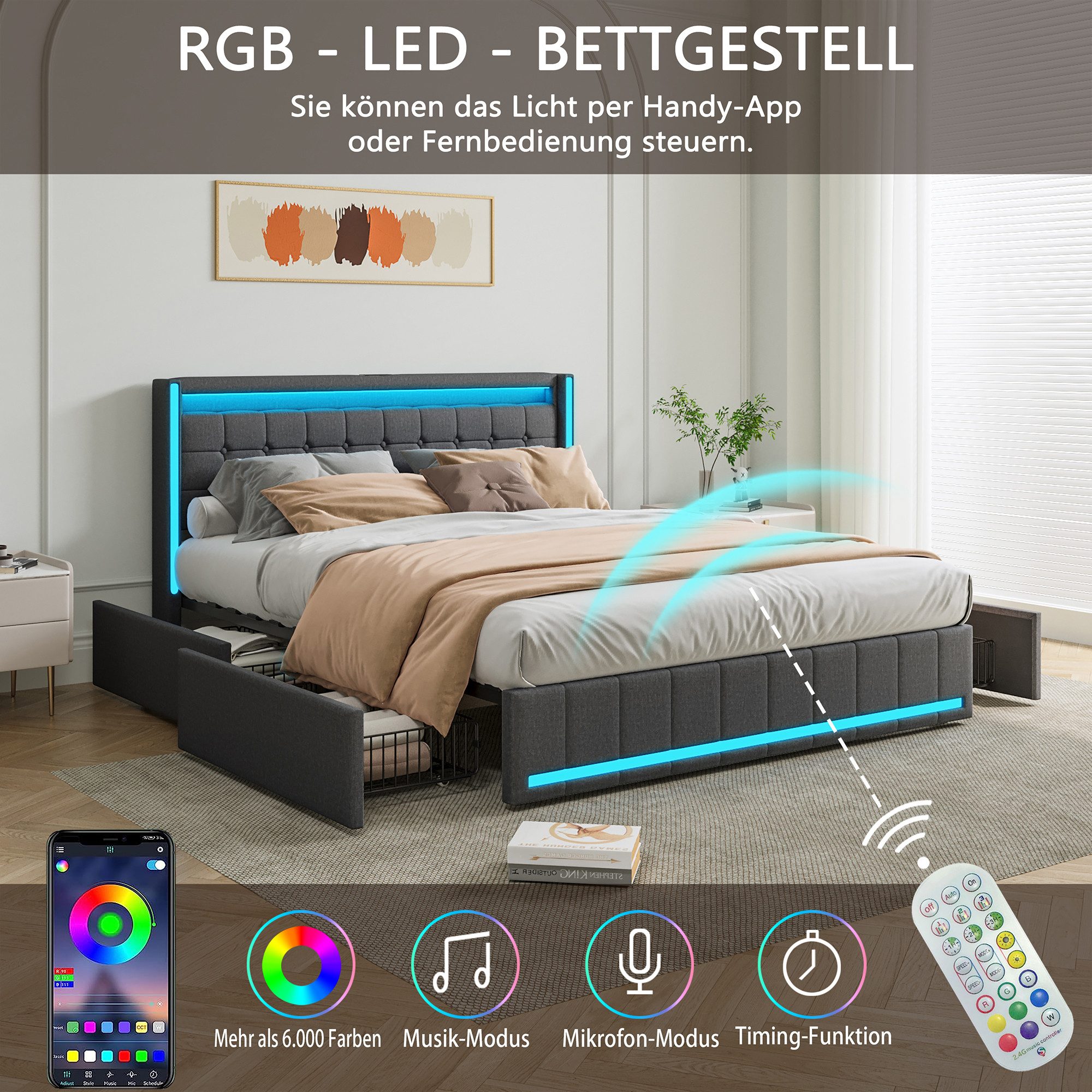 Polsterbett LED Doppelbett-grau 1